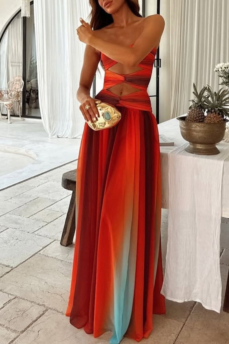 Sardinia Sunset Mesh Printed Twist Cutout Off Shoulder Vacation Maxi Dress - Fashionpara