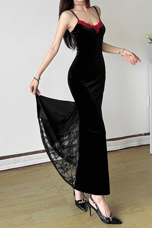 Velvet Lace-Trim Spaghetti Strap Mermaid Maxi Dress 2