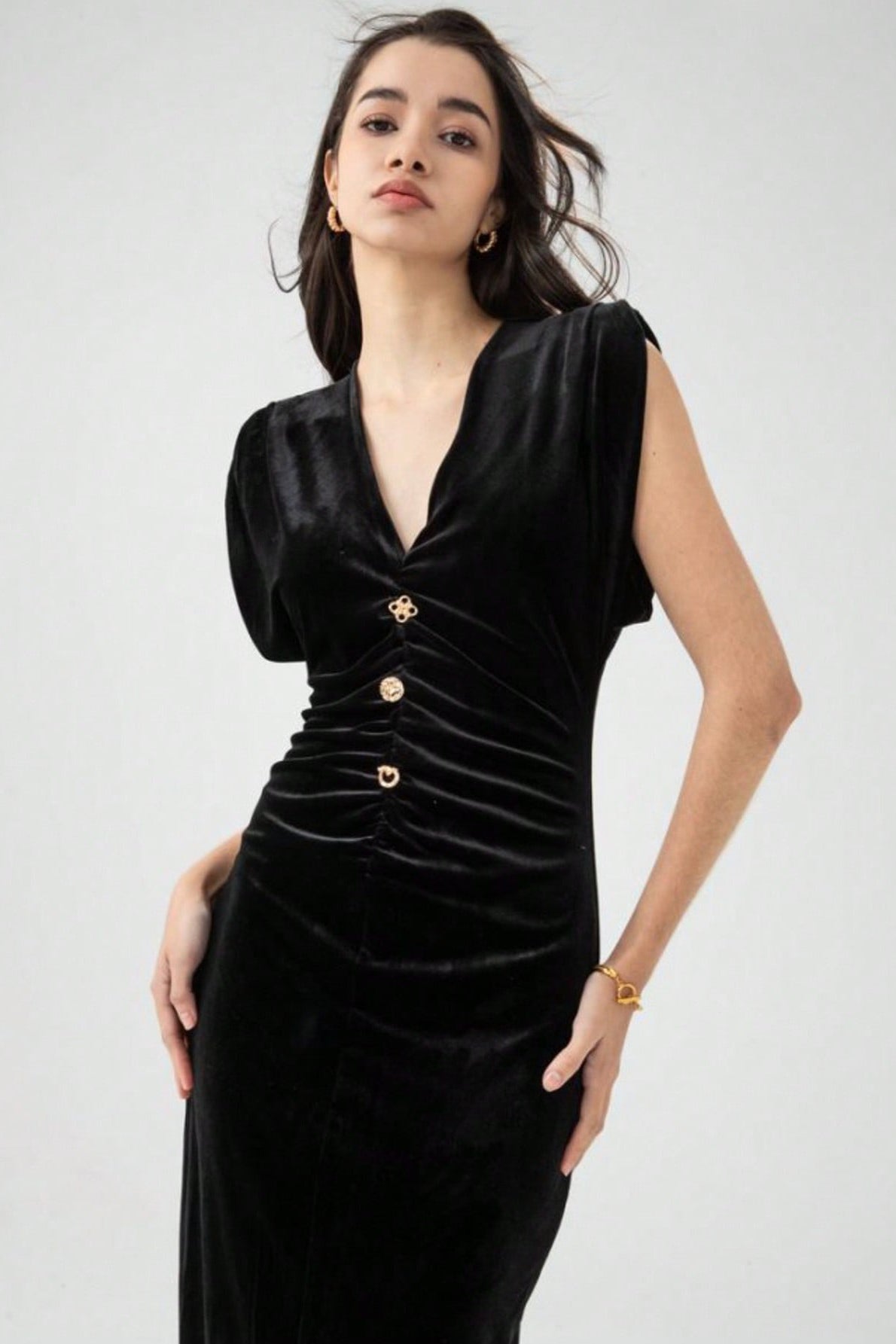 Velvet Ruched V-Neck Bodycon Midi Dress