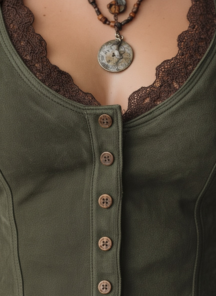 Olive Green Lace-Trim Button-Front Vest - Fashionpara