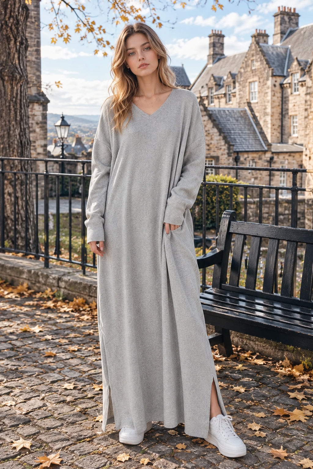 Knit V-Neck Long Sleeve Oversized Side-Slit Maxi Dress