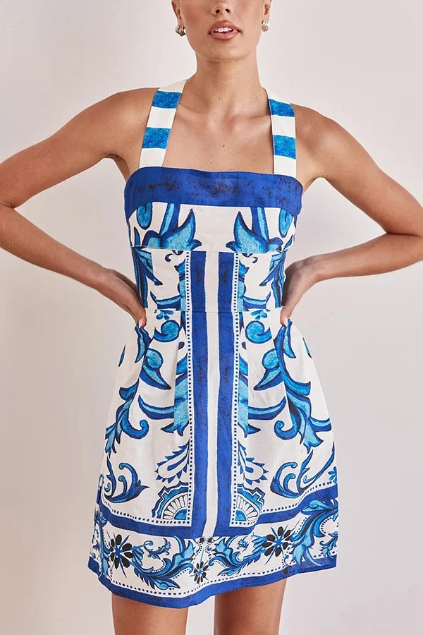 Summer Linen Blend Unique Print Wide Strap Pocket Mini Dress - Fashionpara