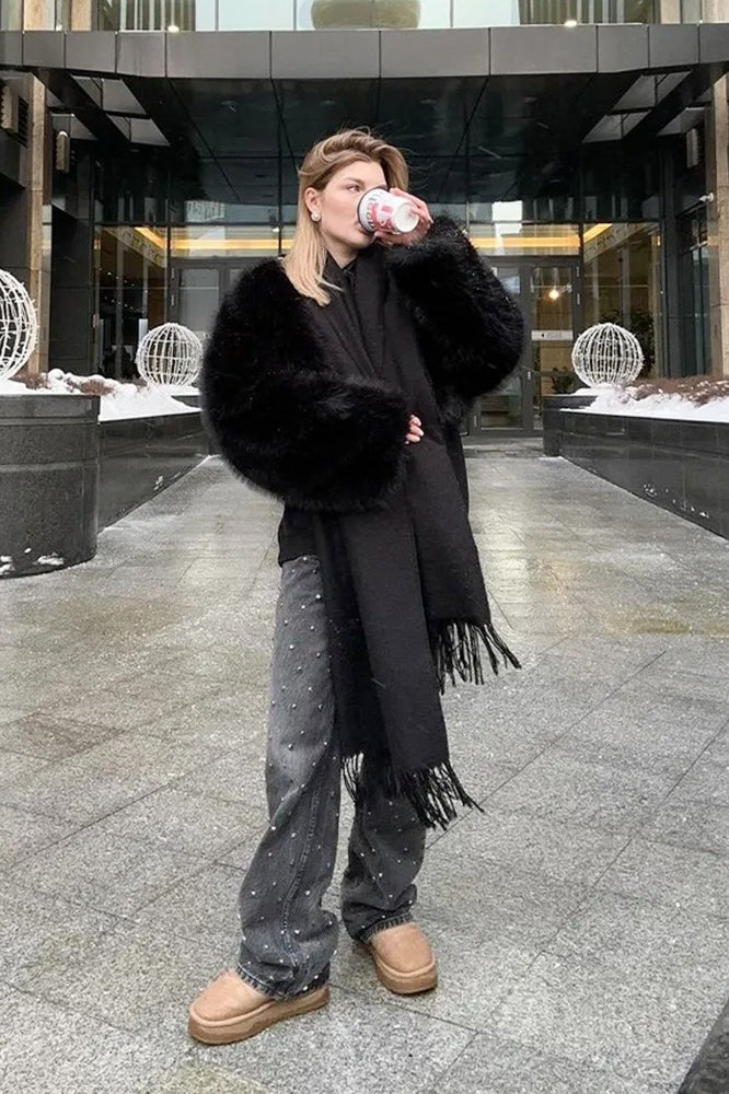 Textured Faux Fur Wide Sleeve Coat - Fashionpara