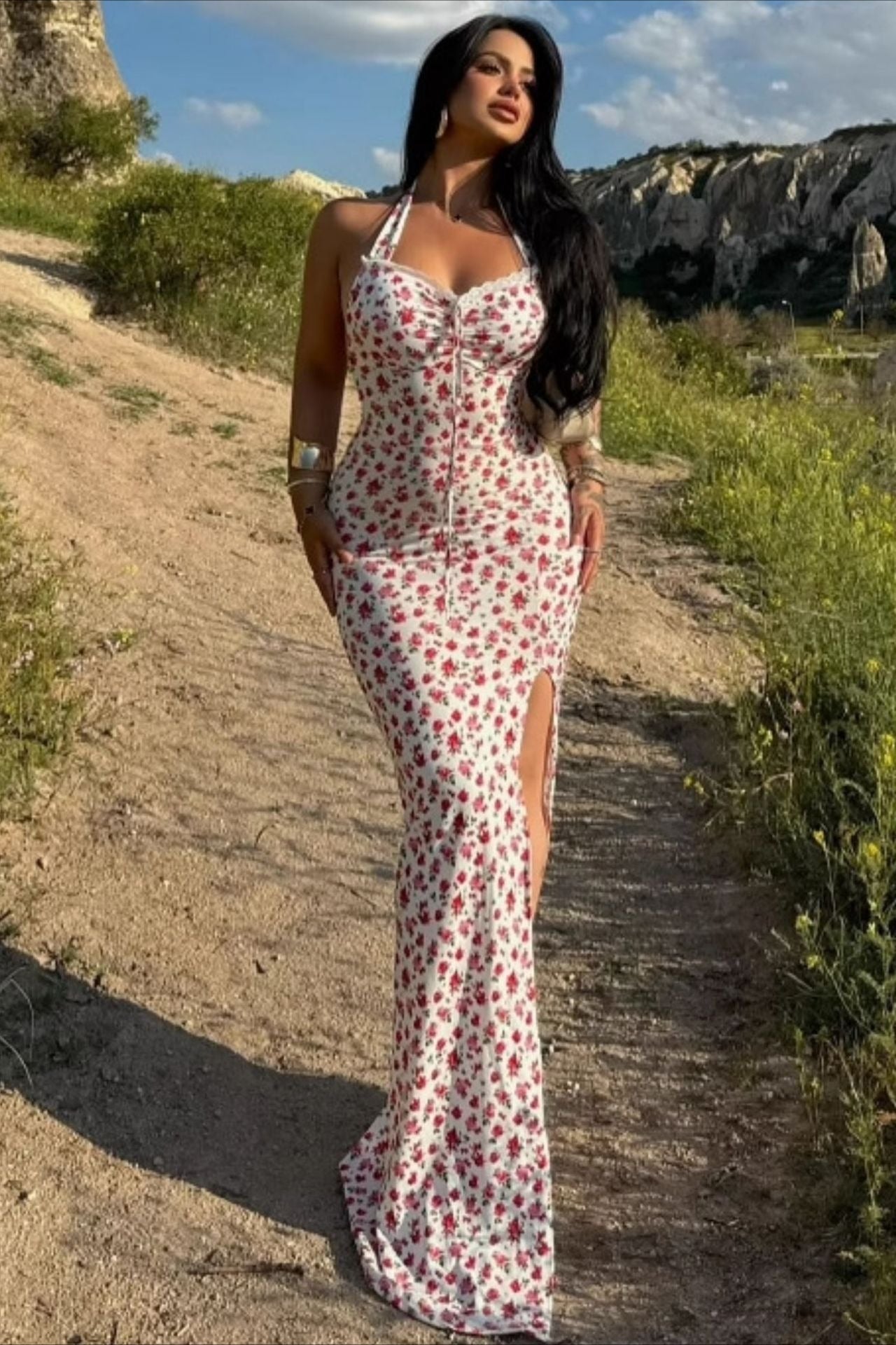 Floral Tie-Back Backless Fitted Split Maxi Dress