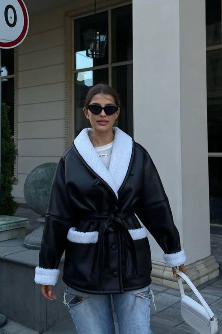 Long Sleeve Faux Shearling Coat - Fashionpara