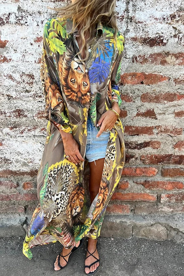 Jungle Miracle Animal Unique Print Button Long Sleeve Midi Relaxed Blouse - Fashionpara