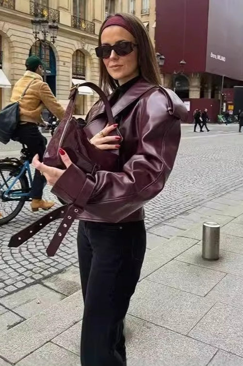 Retro Notch Lapel Vegan Leather Coat - Fashionpara