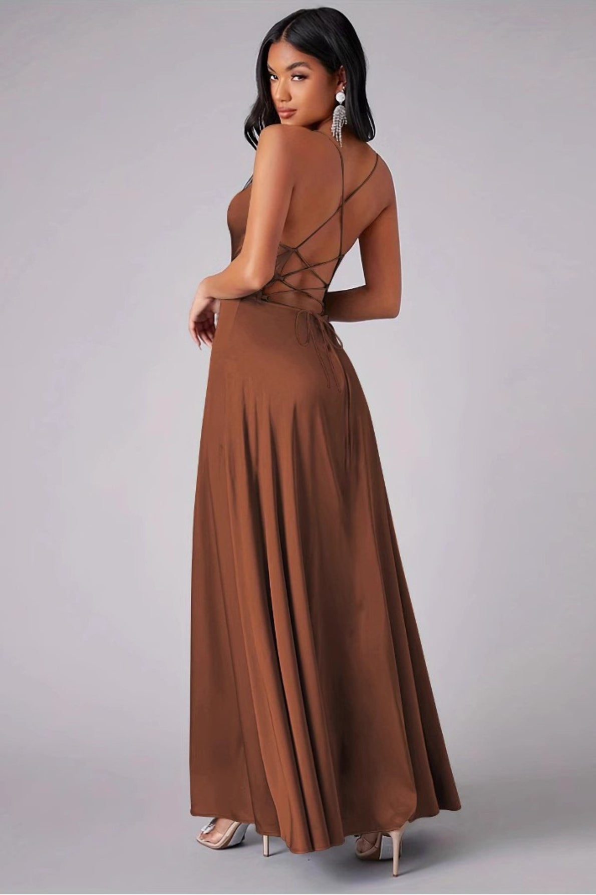 Satin Cowl Neck High Split A-Line Maxi Dress - View 2
