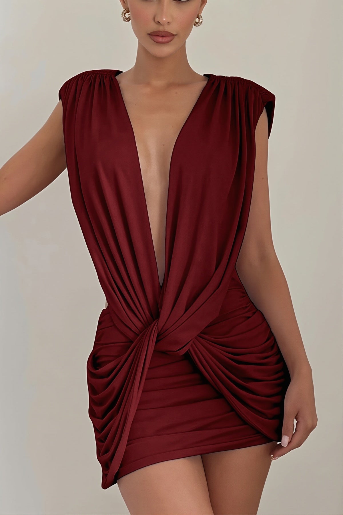 Plunge Draped Twist Front Bodycon Mini Dress