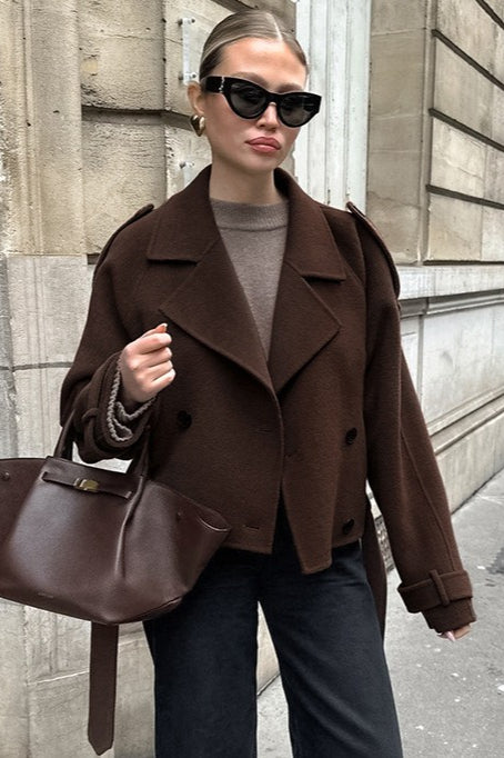 Notch Collar Double-Breasted Wool Blend Chic Trench Coat