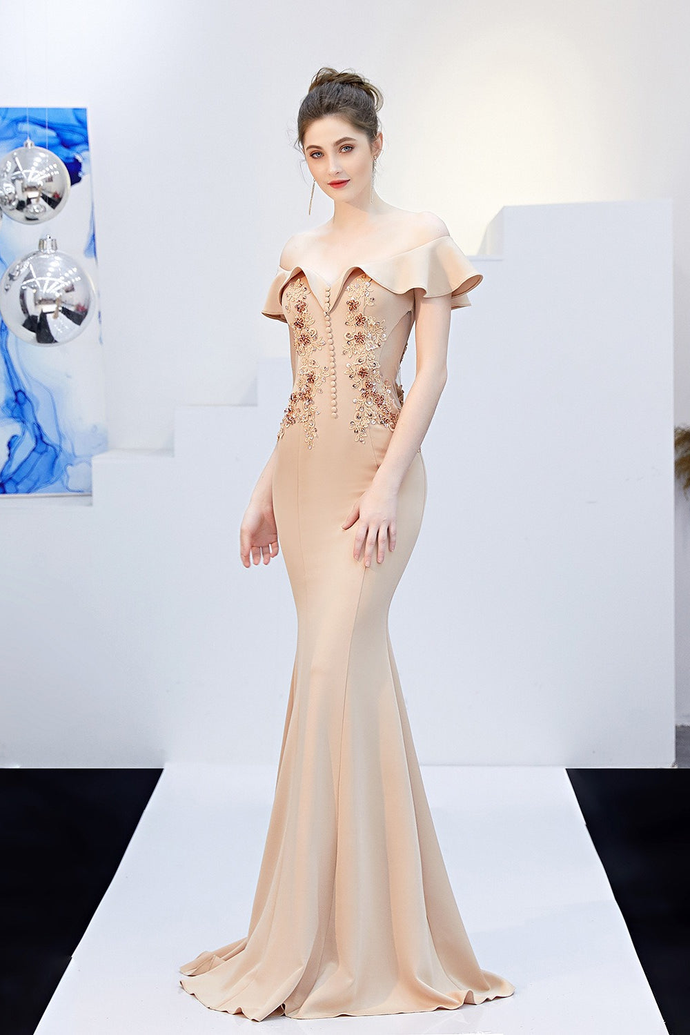 Off Shoulder Ruffle Beaded Mermaid Formal Gown 26