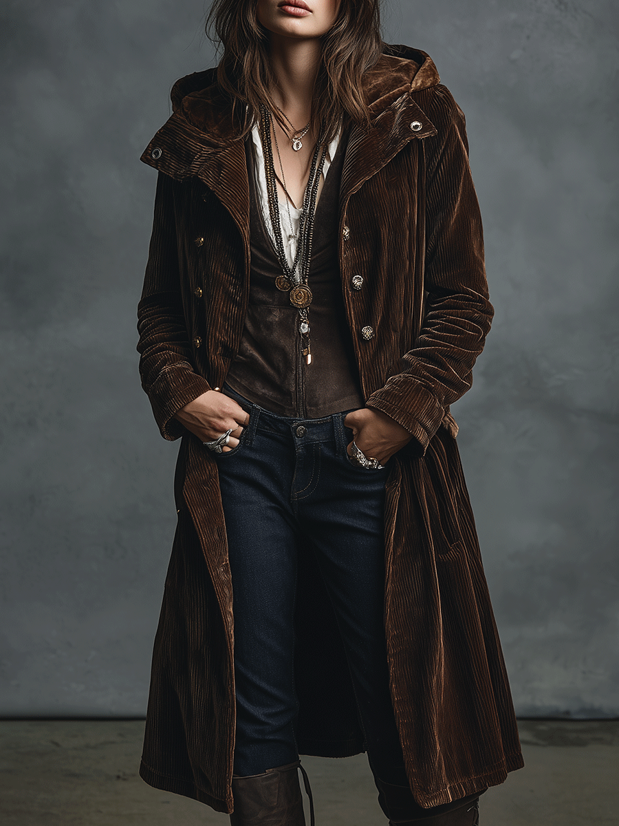 Vintage Brown Velvet Long Hooded Coat