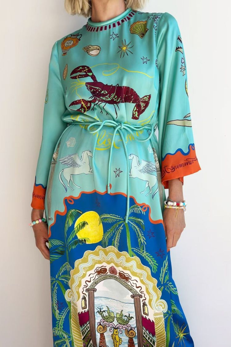 Satin Unique Print Long-sleeve Tie-waist Slit Maxi Dress - Fashionpara