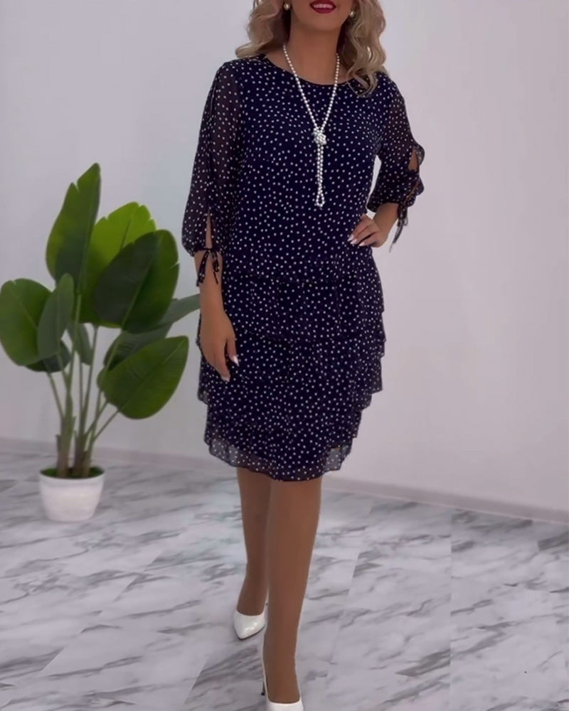 Polka Dot Chiffon Three Quarter Sleeve Tie Cuff Tiered Midi Dress - View 6