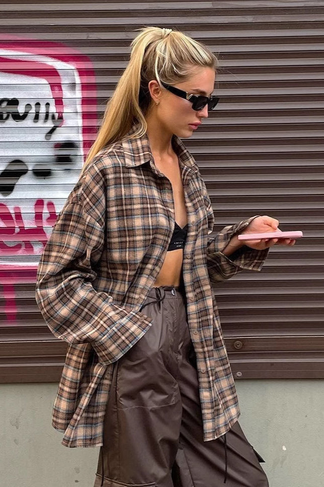 Vintage Plaid Long  Blouse