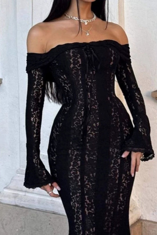 Floral Lace Off-Shoulder Long-Sleeve Mermaid Maxi Gown 3