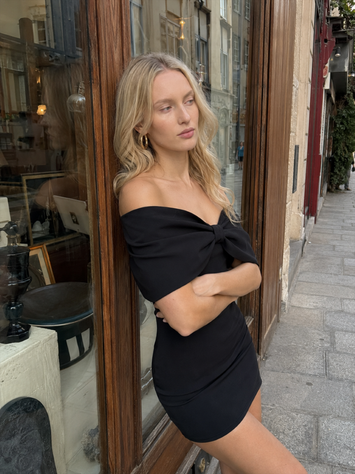 Off Shoulder Twist Front Bodycon Mini Dress