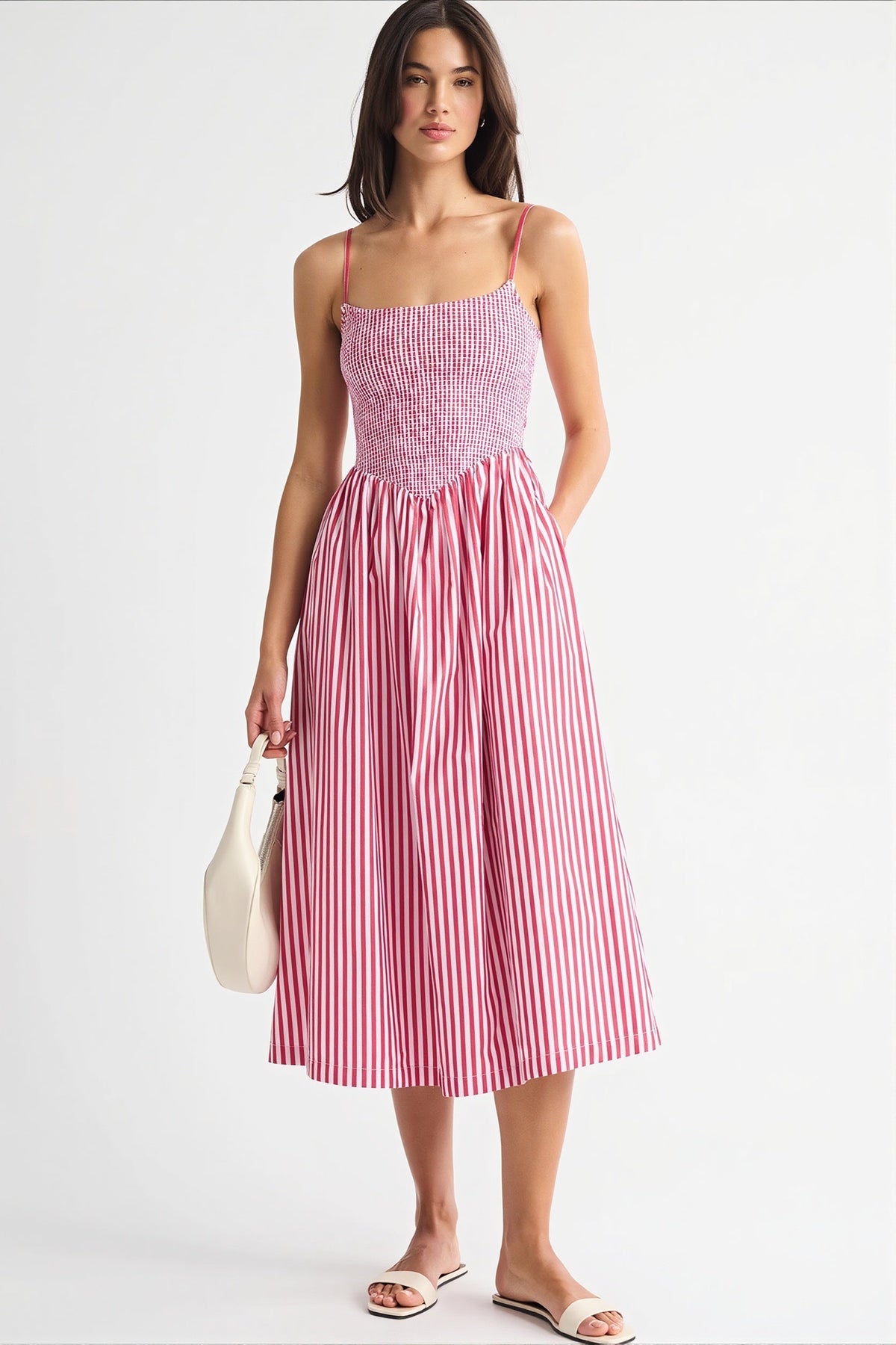 Striped Shirred Bodice A-Line Midi Dress