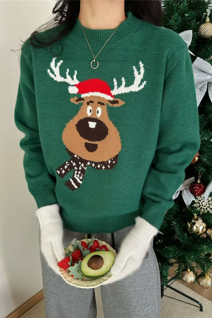 Crew Neck Color Block Deer Sweater