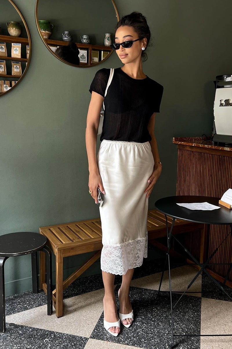Lace Insert Solid Color Satin Skirt