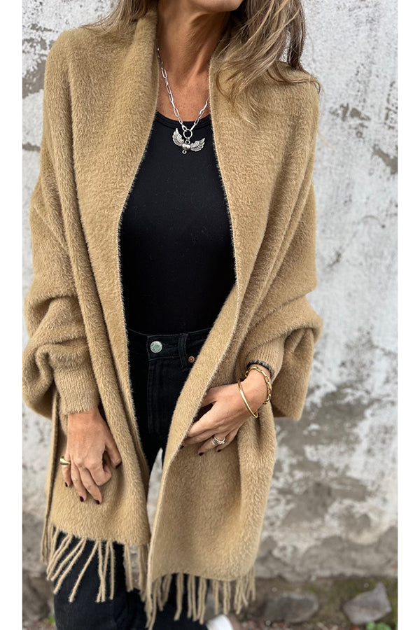 Relaxed Knit Plush Shawl Cardigan with Tassel Trim
