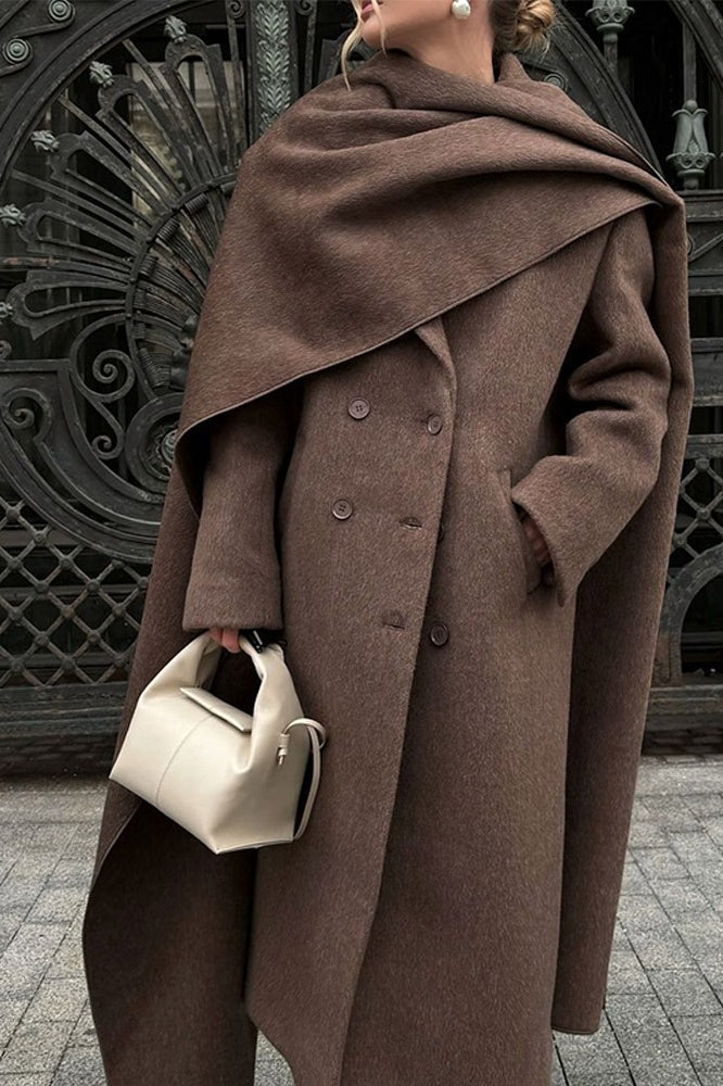 Extra-Long Woolen Overcoat with Scarf Collar for Elegance