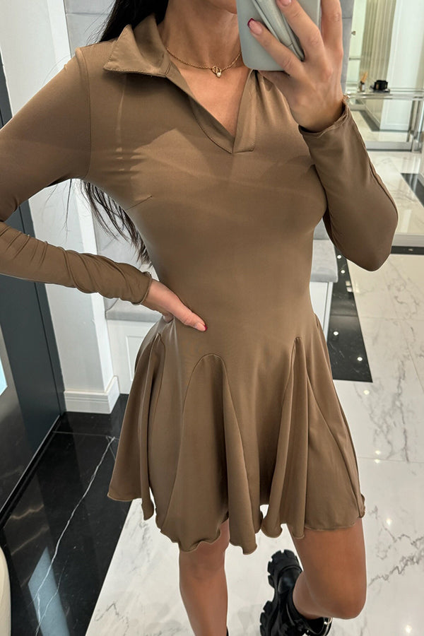 Solid Color Lapel Long Sleeve Slim Fit Waist Mini Dress
