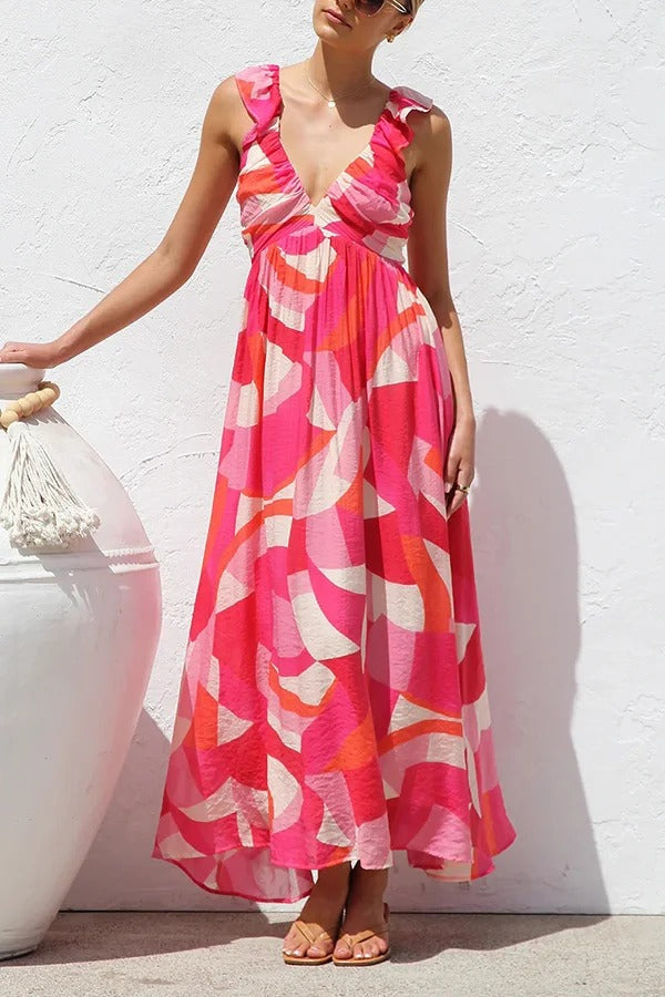 Unique Printed V-neck Ruffled Straps Pleated Back Maxi Dress - Fashionpara