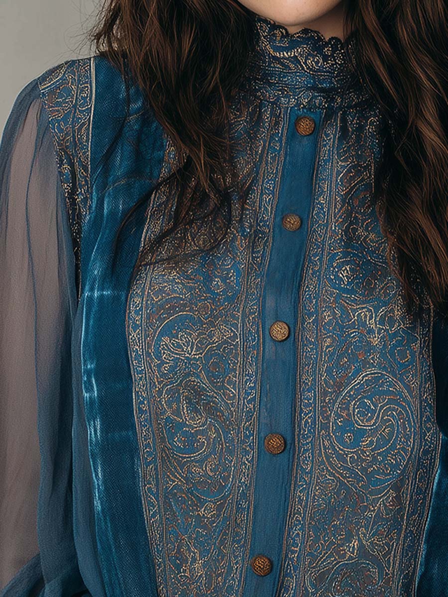 Vintage Bohemian Chiffon Printed Blouse With Lace Trim - Fashionpara