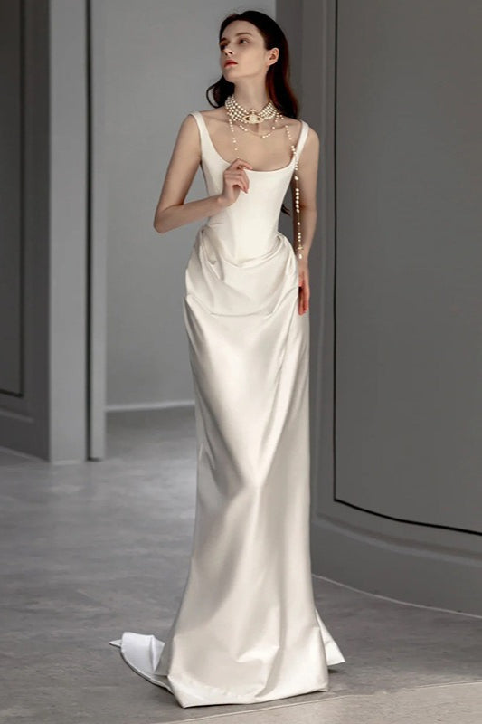 Satin Square-Neck Ruched Draped Column Maxi Gown