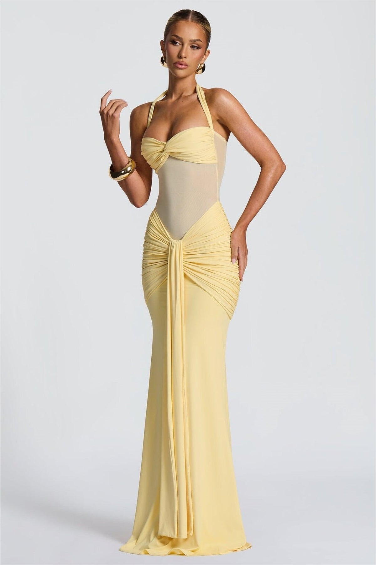 Halter Neck Twist Mesh Cut Out Mermaid Gown 2