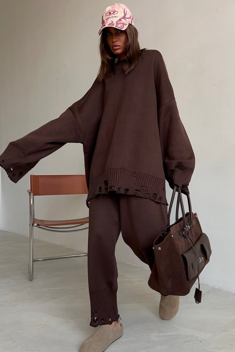 Distressed Knit Sweater Jogger Pants Set