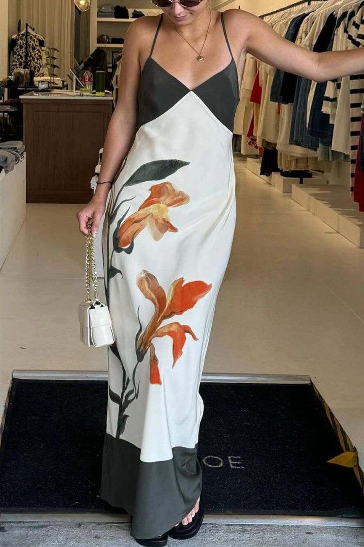 Unique Iris Print V-Neck Suspender Maxi Dress - Fashionpara