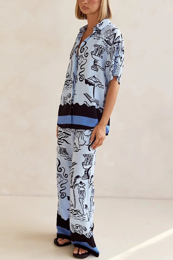 Fashionable Plant Print Loose Lapel Short Sleeve Shirt and Casual Elastic Waist Pocket Pants Set - Fashionpara