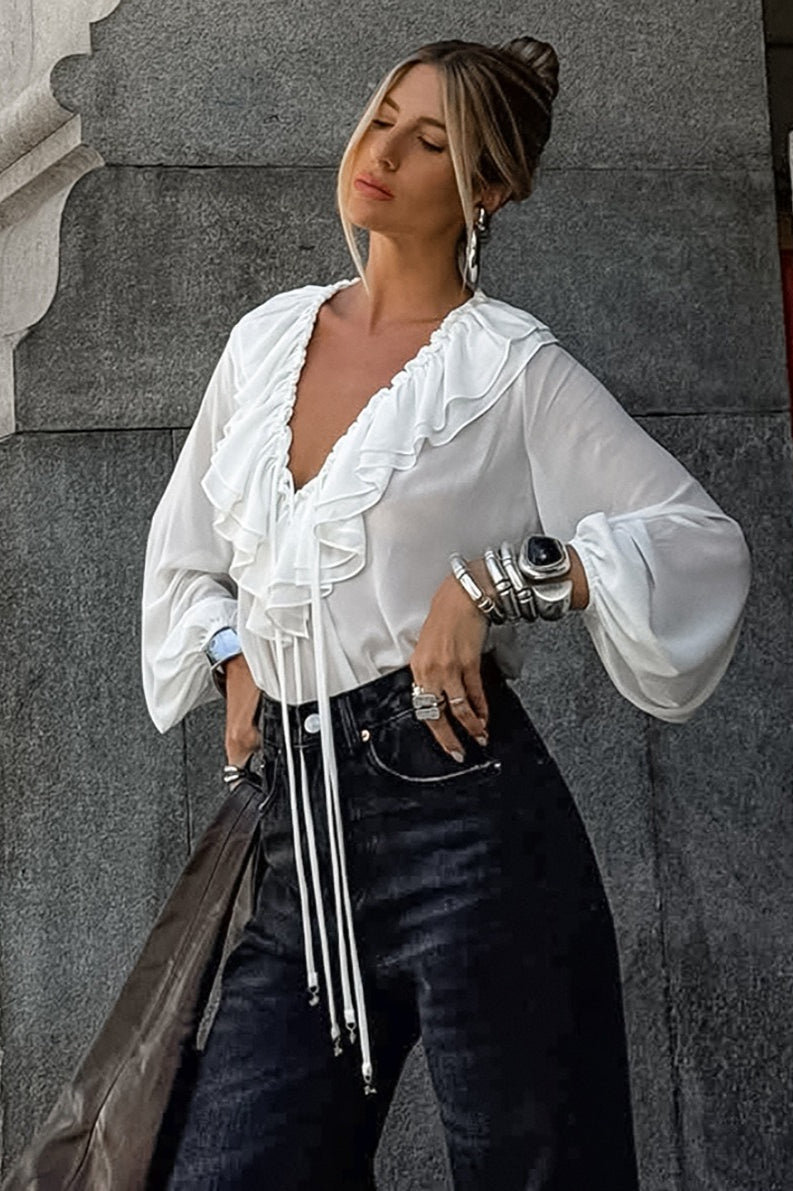 Vintage Ruffle Tie V-Neck Lantern Sleeve Blouse