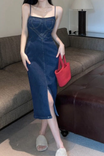 Denim Strapless Corset High-Slit Bodycon Dress