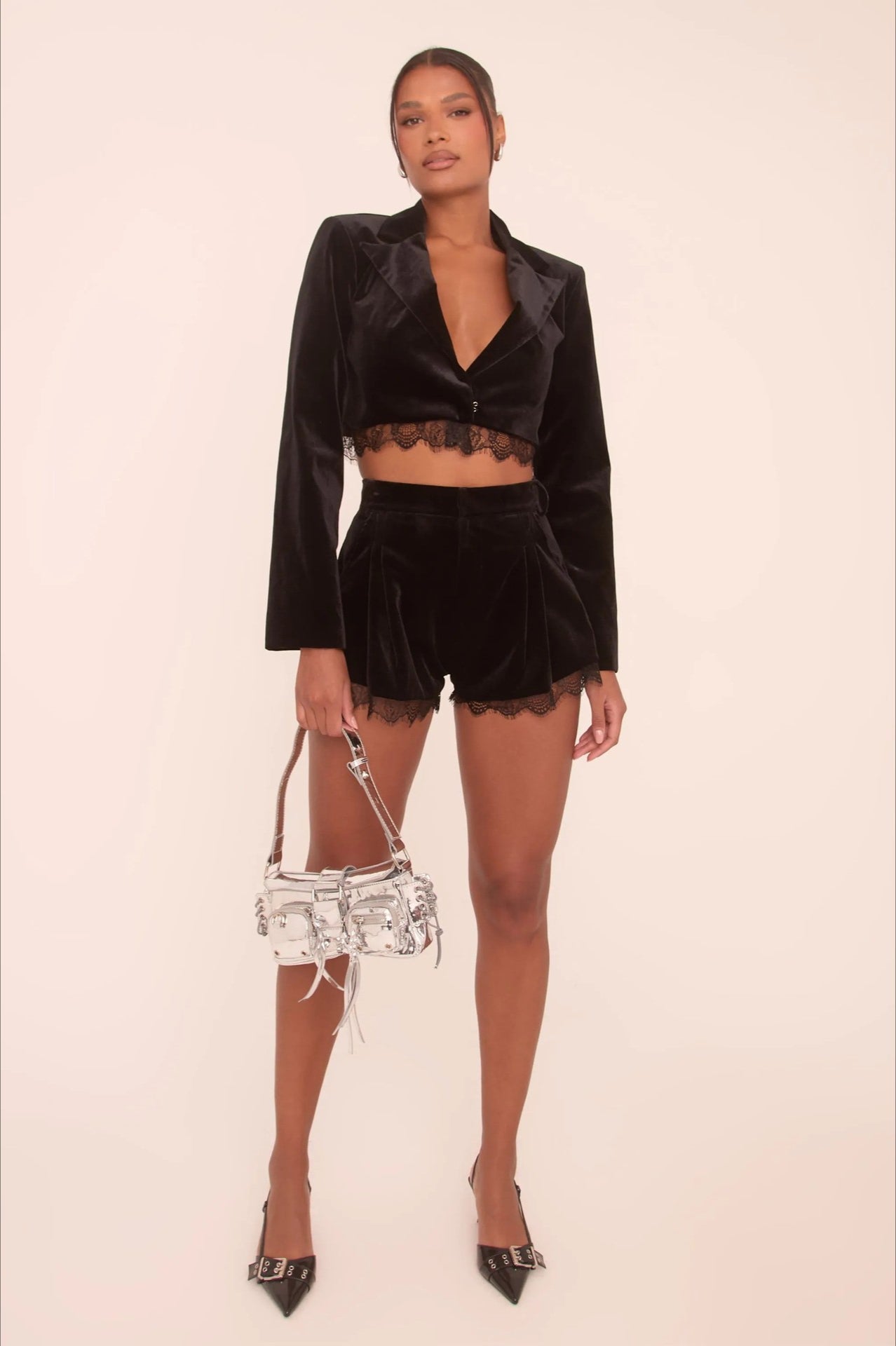 Lace Trim Crop Top High-Waisted Shorts Two Pieces Set