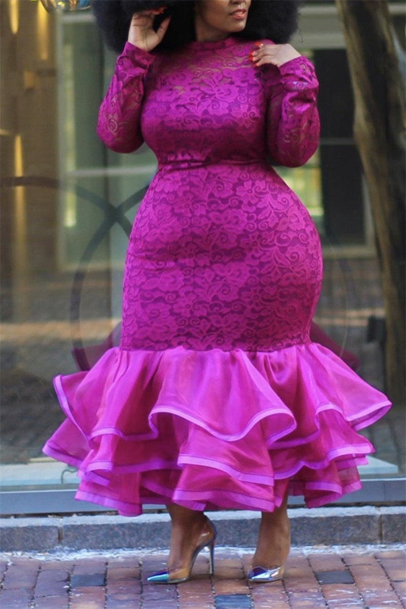 Plus Size Ruffle Lace Long Sleeve Bodycon Midi Dress  Fashionpara