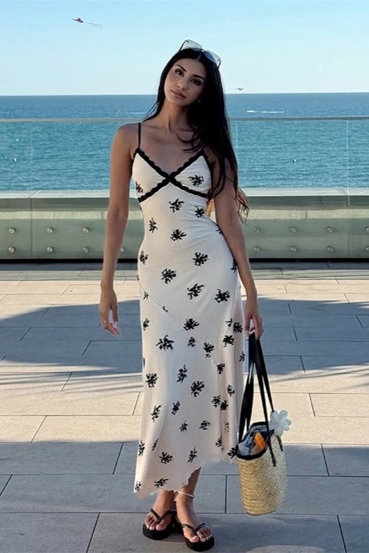 Floral Print Lace-Trim V-Neck Bias Slip Midi Dress