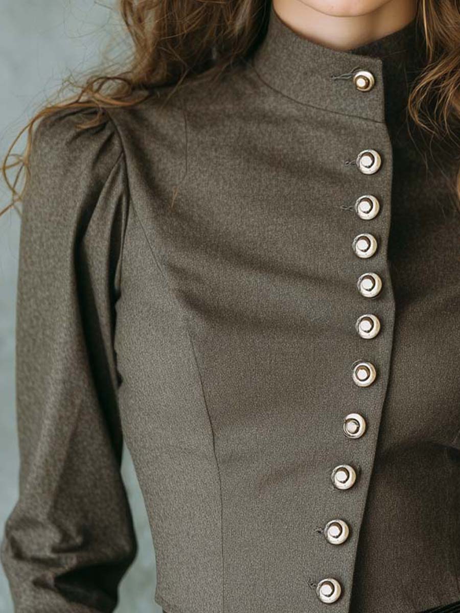 Vintage Military Style Stand Collar Blouse - Fashionpara