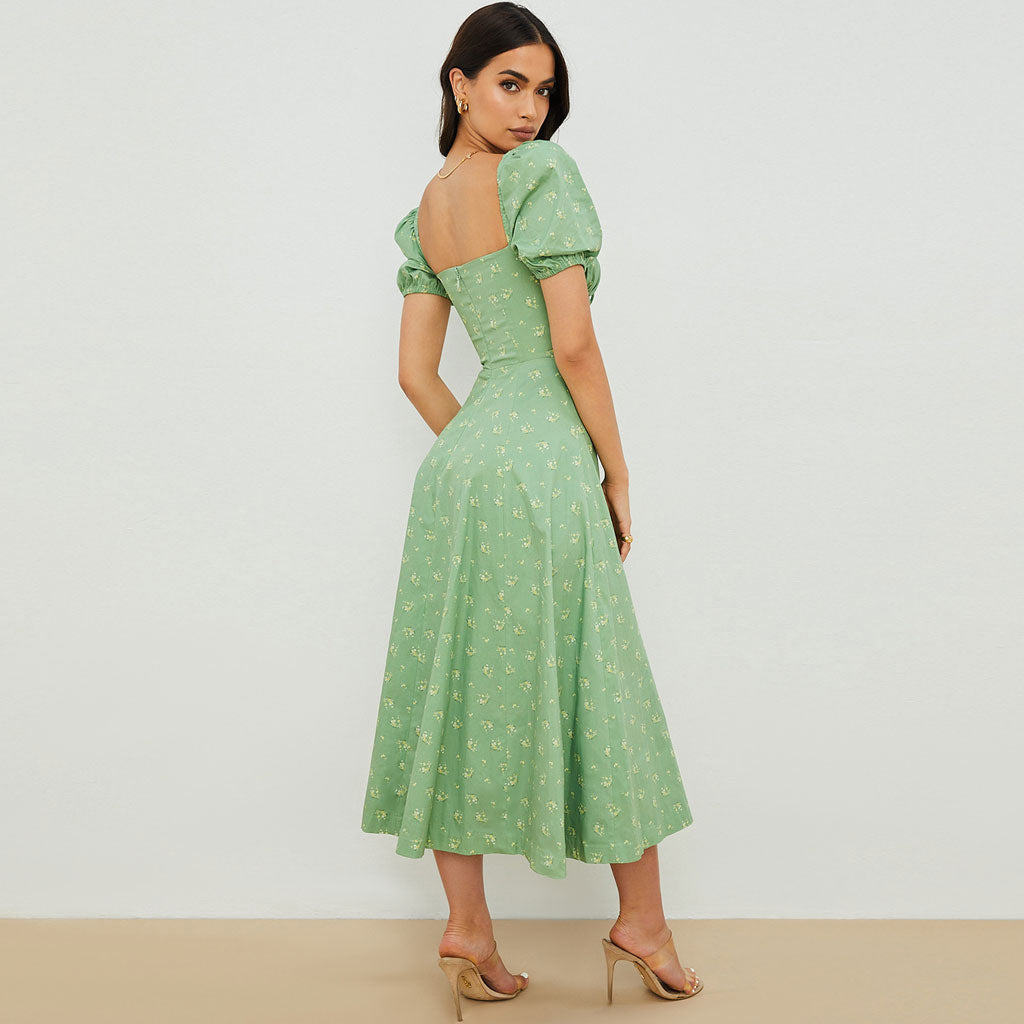 Floral Print Square Neck Puff Sleeve High-Slit Smock Maxi Dress 3