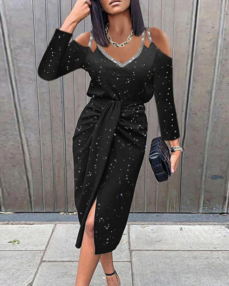 Glitter Cold Shoulder V-Neck Long Sleeve Wrap Slit Midi Dress