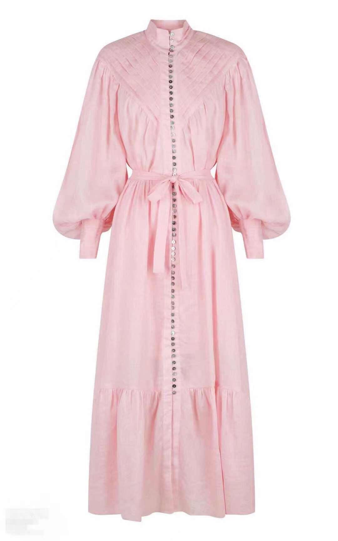 High Neck Puff Sleeve Button Front Tiered Maxi Dress