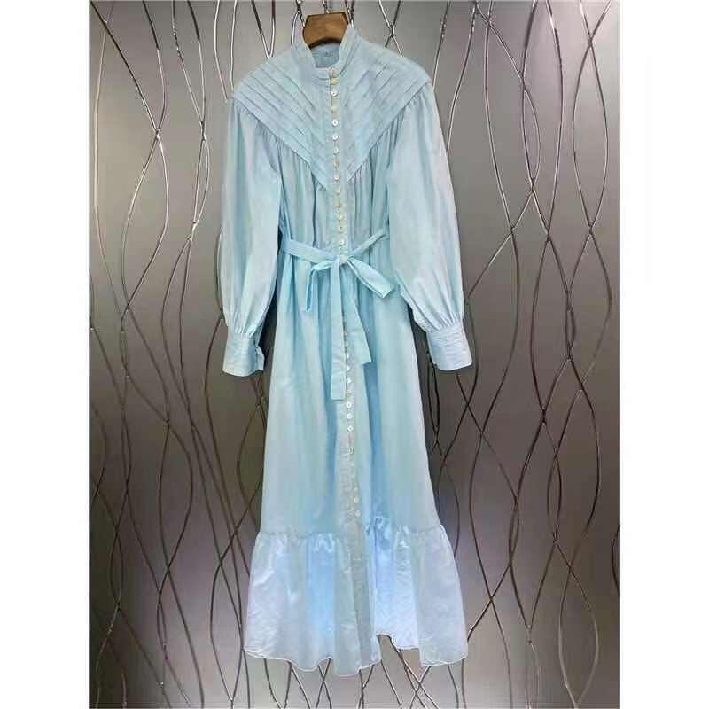 High Neck Puff Sleeve Button Front Tiered Maxi Dress