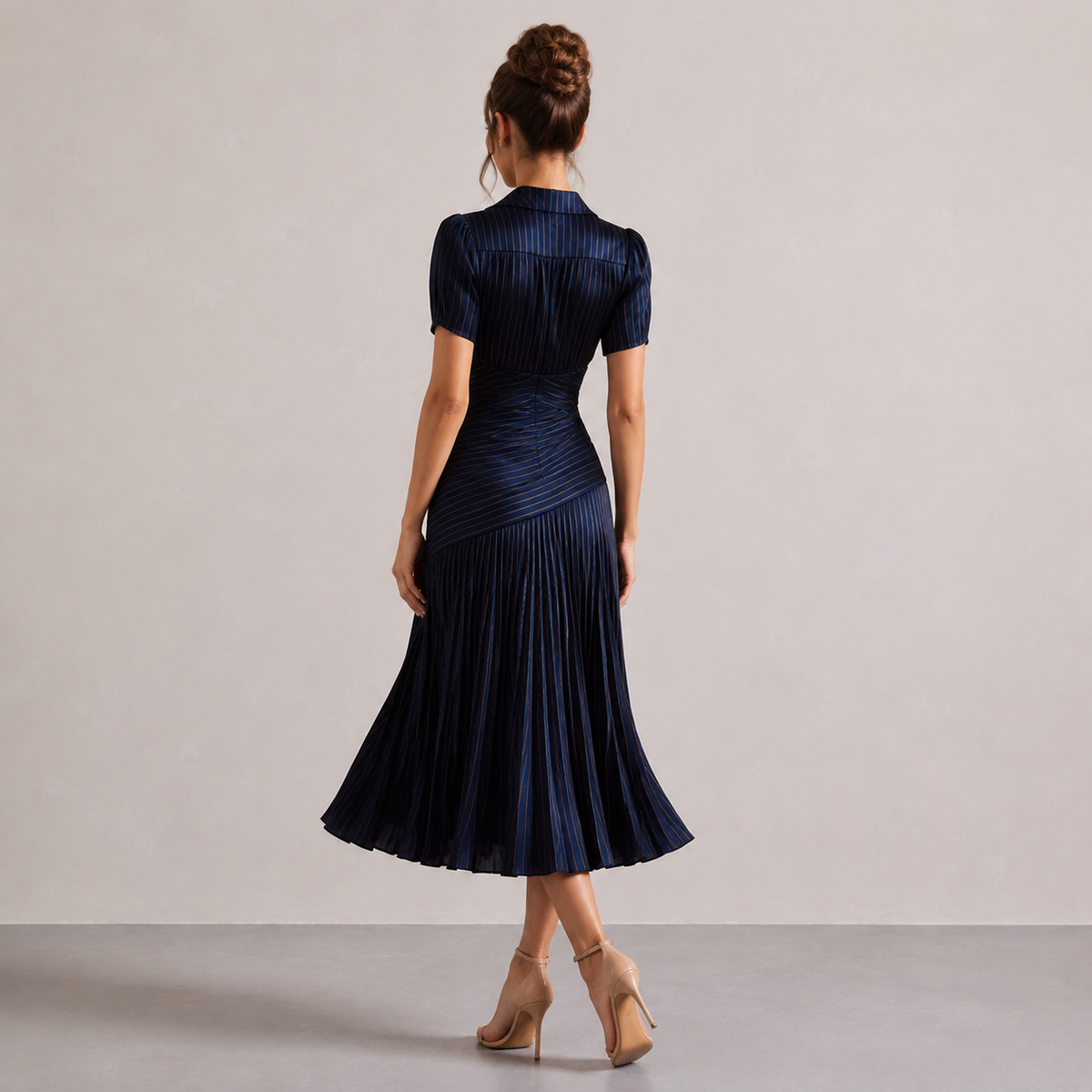 Striped Collared Puff Sleeve Pleated Fishtail Midi Dress 3