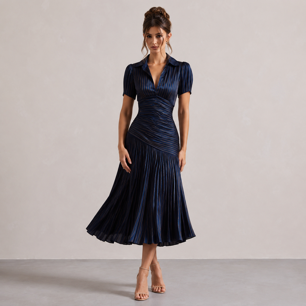 Striped Collared Puff Sleeve Pleated Fishtail Midi Dress