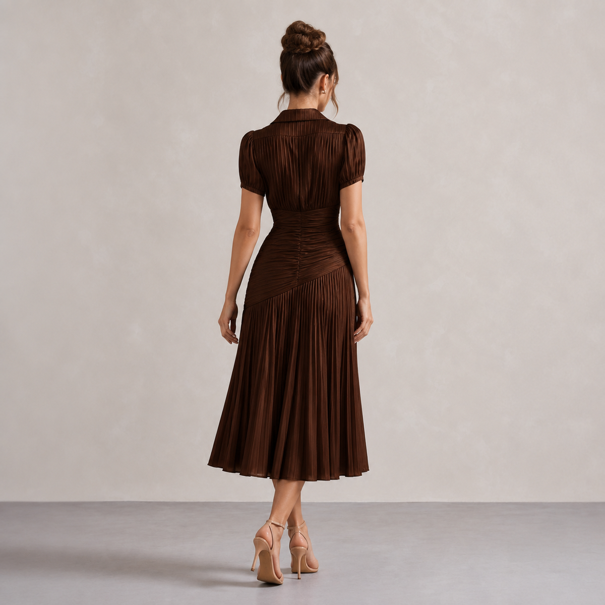 Striped Collared Puff Sleeve Pleated Fishtail Midi Dress 12
