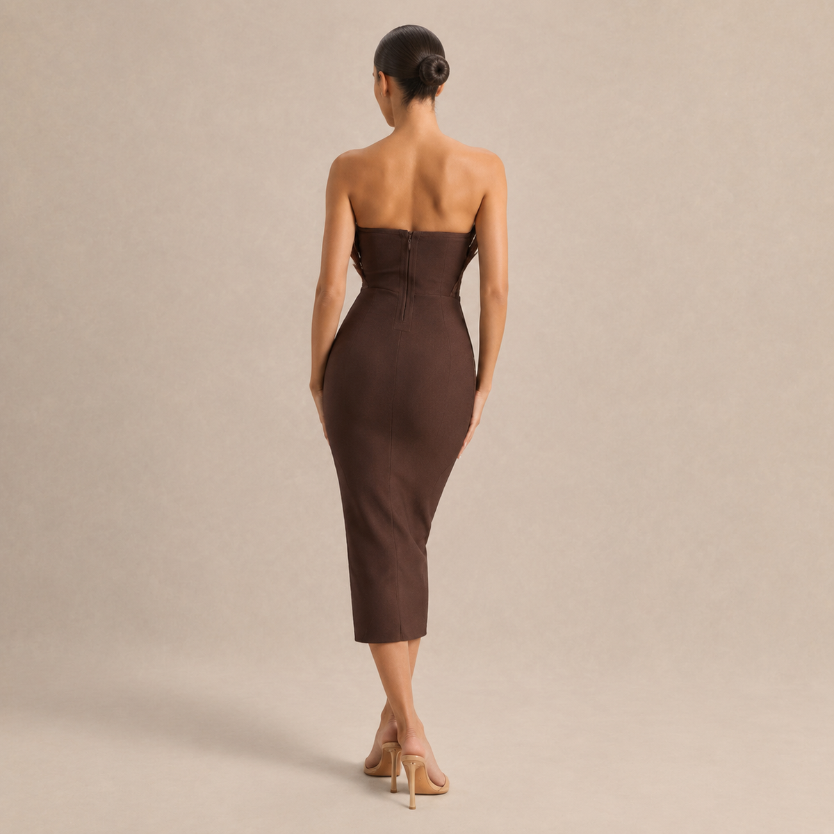 Feather Bodice Strapless Bodycon Midi Dress 6