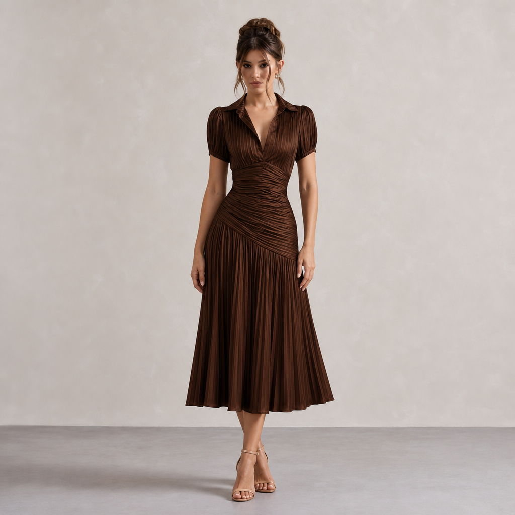 Striped Collared Puff Sleeve Pleated Fishtail Midi Dress 10