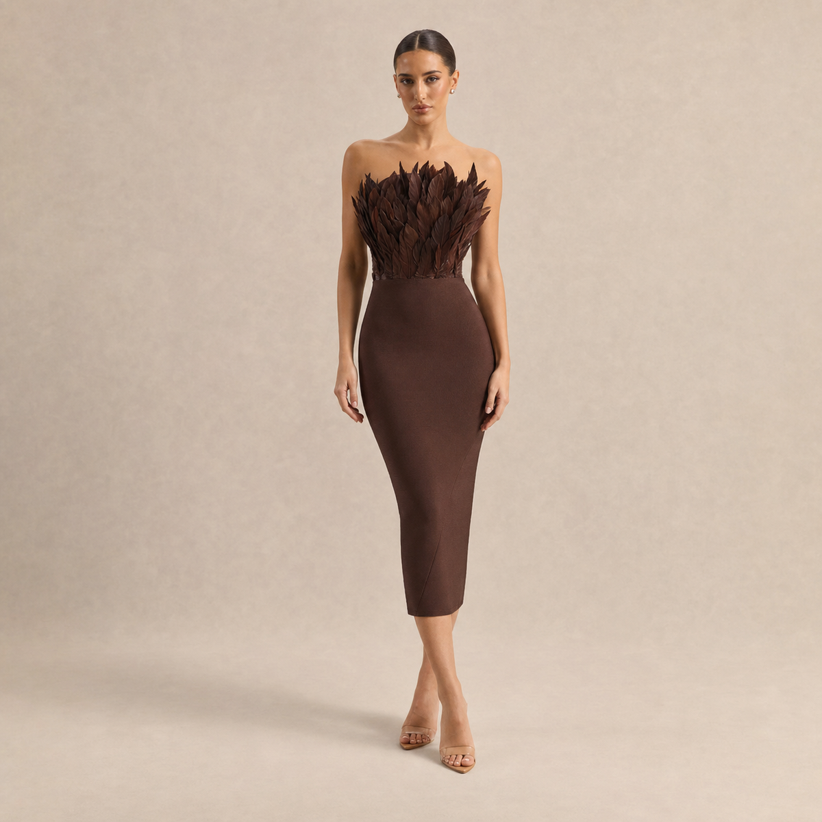 Feather Bodice Strapless Bodycon Midi Dress 4